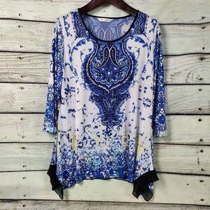 Peter Nygard Women's Tunic Top Size L Blue Abstract Boho Print Hi-Low Hem 3/4 Sl